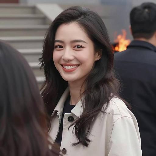 Joyful Woman with Wavy Hair in Urban Scene