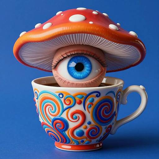 Digital art: A vibrant, blue-eyed mushroom with a red cap with white spots, emerging from a colorful, swirl-patterned teacup against a