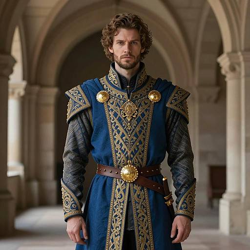 Medieval Knight in Blue and Gold Embroidered Robe