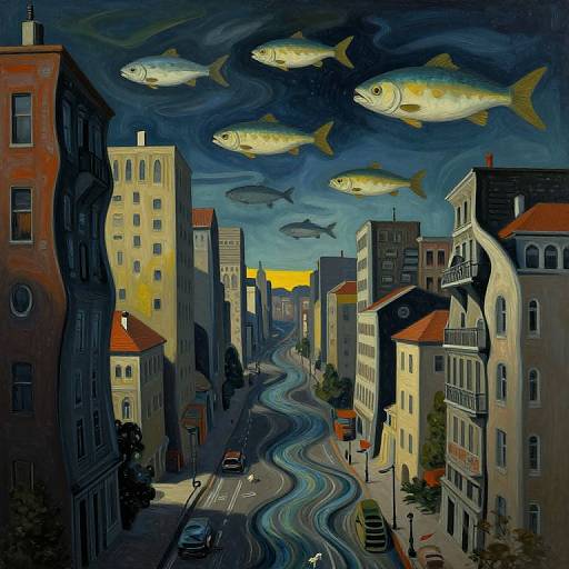 Surreal digital painting of a city street with fish in the dark, swirling sky above buildings, winding road with cars below.