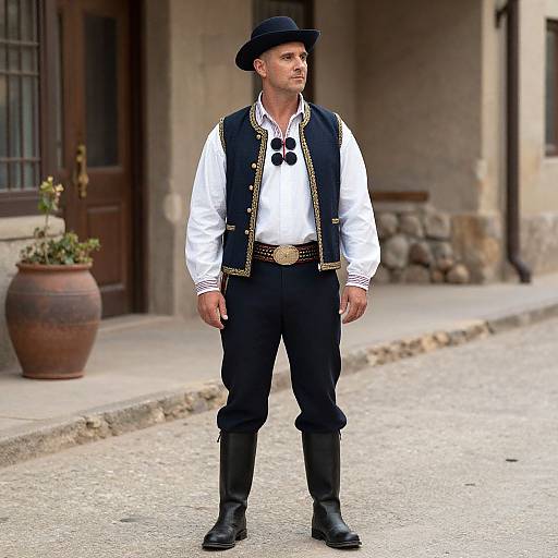 Photograph of a man in traditional Spanish attire: black hat, white shirt, black vest with gold trim, black pants, black boots, standing on