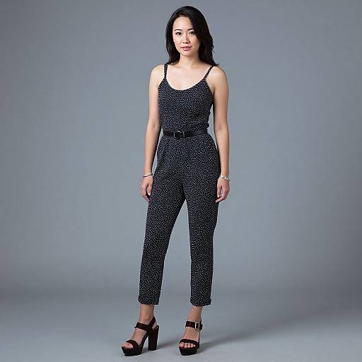 Photograph of an Asian woman with shoulder-length black hair, wearing a black polka dot jumpsuit, black high heels, and silver bracelet, standing
