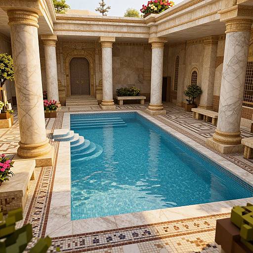 Photograph of an elegant, marble-columned courtyard with a rectangular, blue-tiled swimming pool, surrounded by intricate mosaic floors and potted flowers.