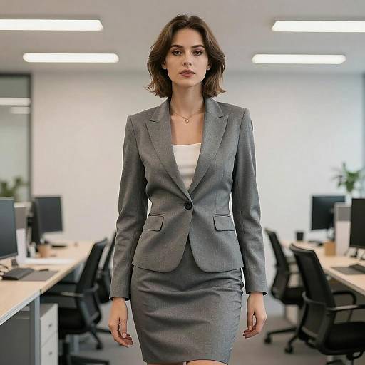 Photograph of a confident woman with shoulder-length brown hair, wearing a gray tailored suit and white blouse, walking in a modern, brightly lit office with
