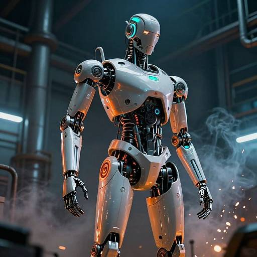 Photorealistic CGI of a sleek, white, humanoid robot with glowing blue accents, standing in a dimly lit industrial setting with smoke and sparks.