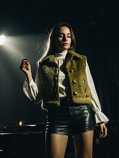 Chic Woman in Olive Faux Fur Vest