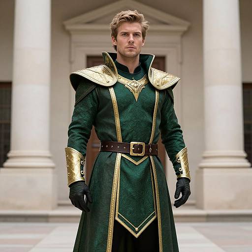 Photograph of a handsome, serious-looking man in medieval-style green and gold armor, standing in front of white columns, wearing black gloves.