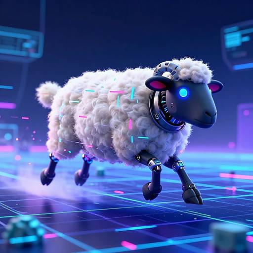 Digital CGI image of a futuristic, glowing, robotic sheep with white wool, blue and pink neon accents, running on a neon-lit grid floor in