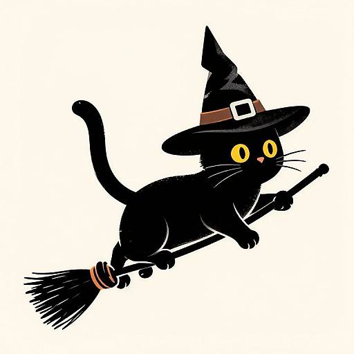 Cartoon black cat with yellow eyes, wearing a pointed witch hat and flying on a broomstick against a white background.