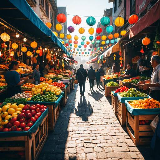 Vibrant Daytime Street Market with Colorful Produce