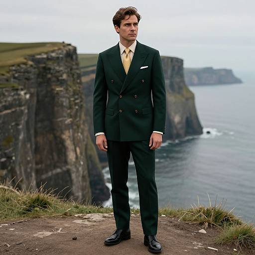 Photograph of a handsome man in a dark green double-breasted suit, yellow tie, standing on a cliff overlooking a rugged coastline with cliffs and ocean
