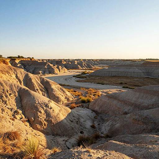 Photograph of a sunlit, rocky desert landscape with sandy hills, dry creek bed, sparse grass, and a clear blue sky at sunset.