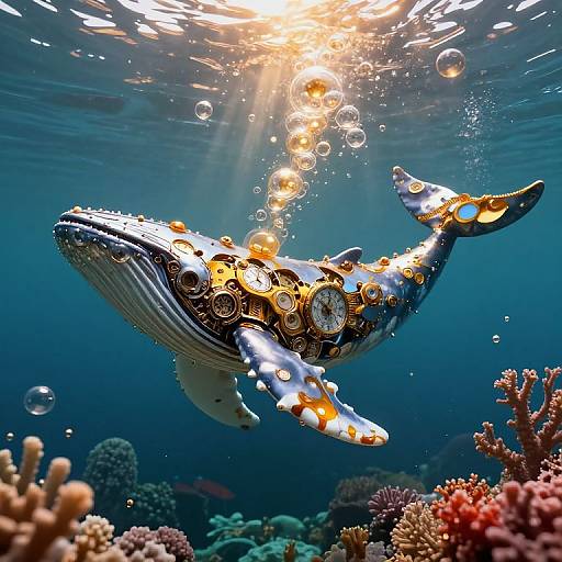 Photograph of a mechanical, golden and white whale with gears and bubbles, swimming underwater near colorful coral reefs, illuminated by sunlight.