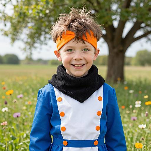 Photograph of a smiling young boy with brown spiky hair, wearing an orange headband, black scarf, blue jacket, and white shirt with orange