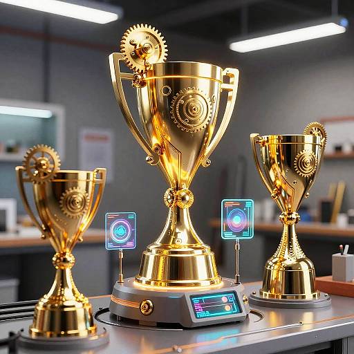 Photograph of three golden trophies with gears, equipped with blue LED displays, on a modern, illuminated workstation.