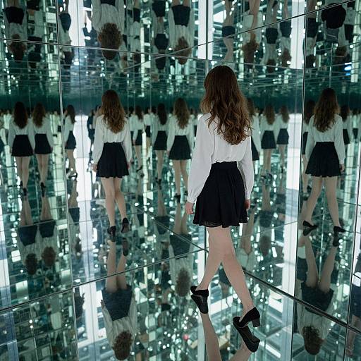 Surreal Woman in Infinite Mirror Labyrinth