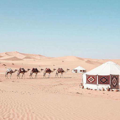 Photograph of a desert camp with a white tent adorned with red geometric patterns, surrounded by six camels on sand dunes under a clear blue sky