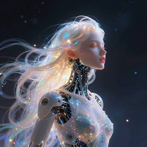 Digital artwork of a glowing, ethereal, cybernetic woman with flowing white hair, illuminated by colorful lights, against a dark cosmic background.