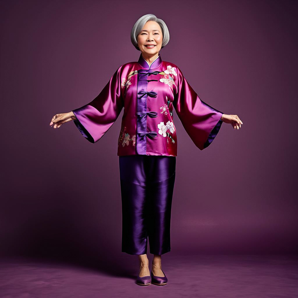 Joyful Elderly Woman in Elegant Tang Suit