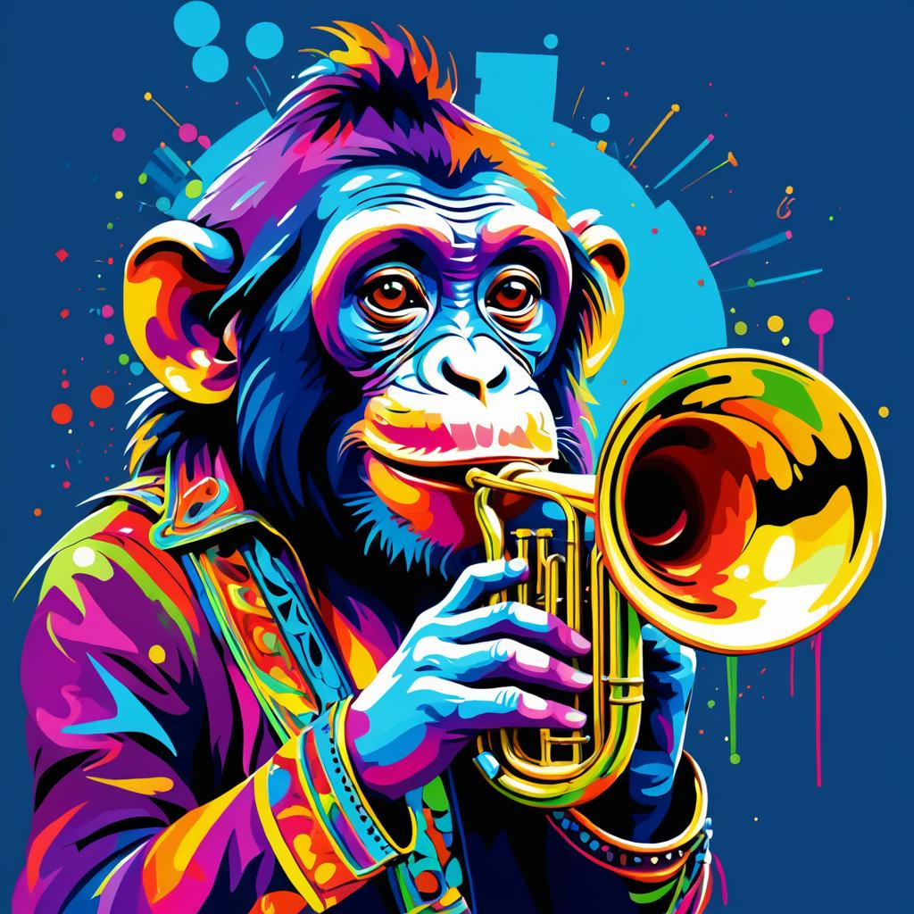 Vibrant 2D Art of Trumpet-Playing Monkey