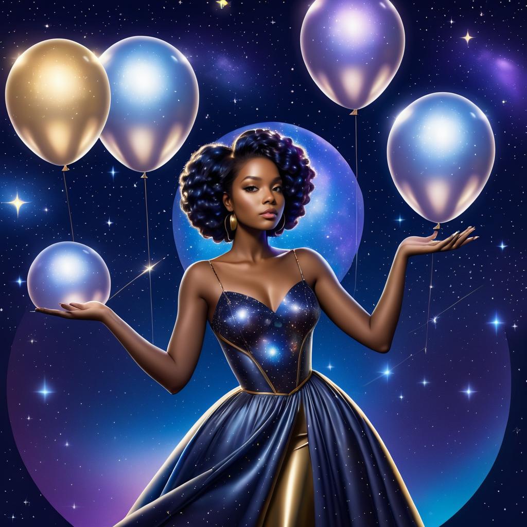 Elegant Afrofuturism Woman with Balloons