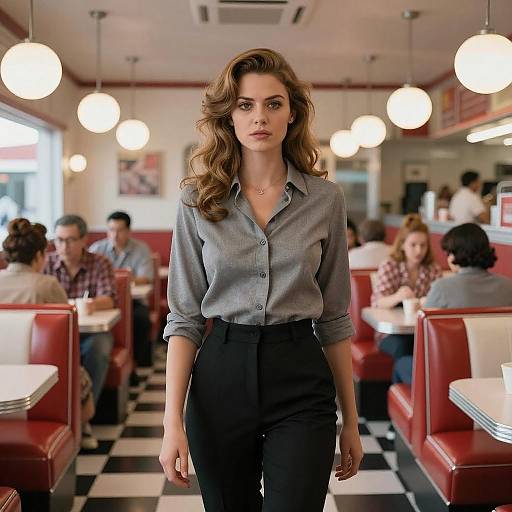 Photograph of a stylish woman with wavy brown hair, wearing a gray button-up shirt and black high-waisted pants, walking confidently in a