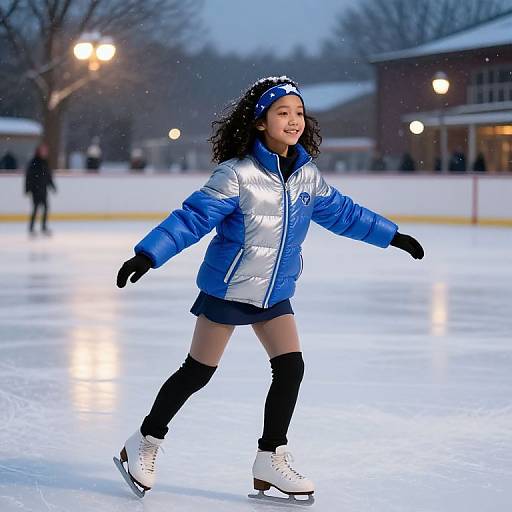 Photograph of an Asian girl with curly black hair, wearing a blue and silver puffer jacket, skating on an outdoor ice rink at dusk.