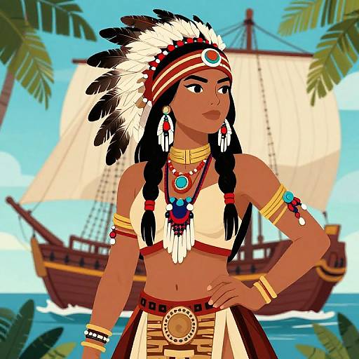 Digital illustration of a confident Native American woman in tribal attire, feather headdress, and jewelry, with a ship and palm trees in the background. Bright