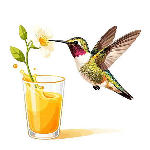 Colorful hummingbird with iridescent feathers hovers beside a clear glass filled with orange liquid and a white flower, sipping nectar. Digital