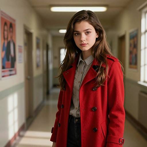 Photograph of a young woman with long brown hair, wearing a red coat over a gray shirt, standing in a sunlit, beige hallway with posters