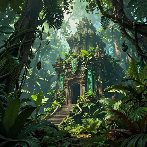 Mysterious, ancient temple covered in green vines and surrounded by dense, lush jungle. Sunlight filters through the foliage, illuminating intricate carvings