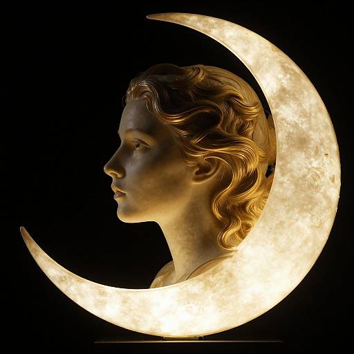 Photograph of a glowing, golden, illuminated bust of a young woman with wavy hair, framed by a luminous crescent moon against a black