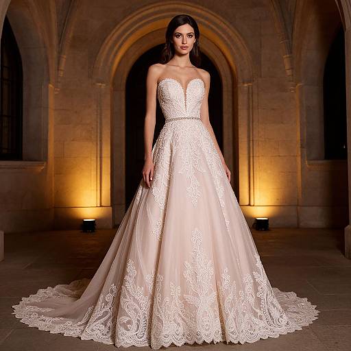Photograph of a slender, dark-haired woman in an elegant, strapless, ivory lace wedding gown with a fitted bodice and flowing skirt, standing