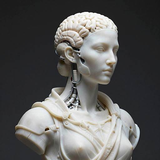 Digital CGI of a futuristic, white marble bust with mechanical elements, featuring a detailed head and shoulders, set against a dark background.