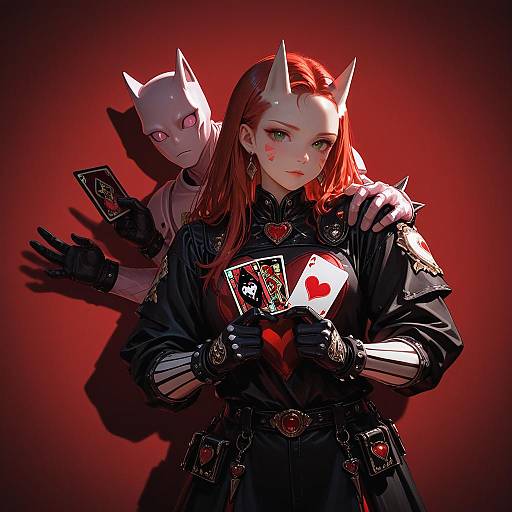 Anime Girl with Playing Cards and Masked Figure