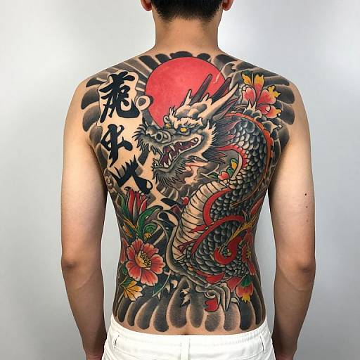 Photograph of a man's back showcasing a vibrant, detailed Japanese-style dragon tattoo with red sun, black kanji, and colorful flowers.