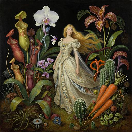 Digital painting of a blonde woman in an ornate, flowing dress amidst vibrant, exotic plants, including orchids, cacti, and carnivorous