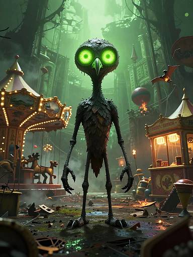 Digital CGI image of a tall, black, insect-like creature with glowing green eyes standing in a dark, foggy, steampunk carnival at night