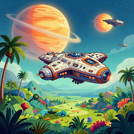 Brightly colored sci-fi illustration of a retro-futuristic spaceship hovering above a vibrant, tropical planet with large suns, palm trees, and colorful