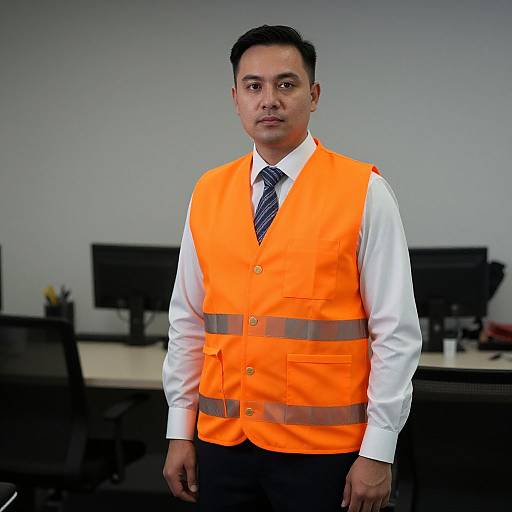 Man in Orange Work Vest Indoors