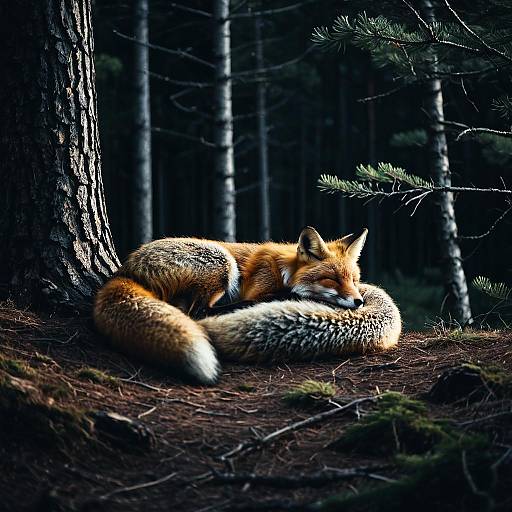Sleeping Fox in Pine Forest at Twilight