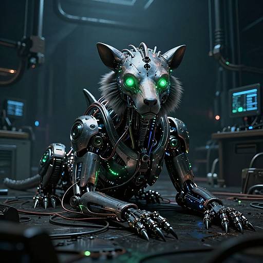 Digital CGI of a futuristic, metallic, green-eyed robotic wolf crouching in a dark, high-tech laboratory with glowing screens and wires.