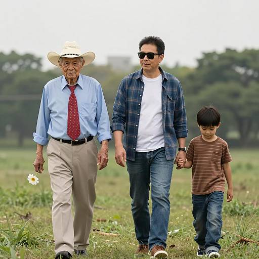 Family Stroll in a Grassy Field