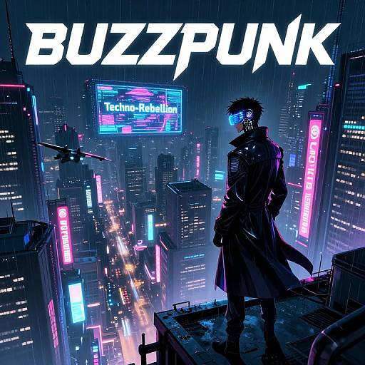 Cyberpunk cityscape at night with neon lights, rain, and a masked figure in a long coat standing on a rooftop. 