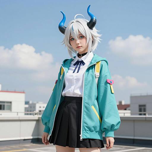 Cosplay character with blue horns on rooftop
