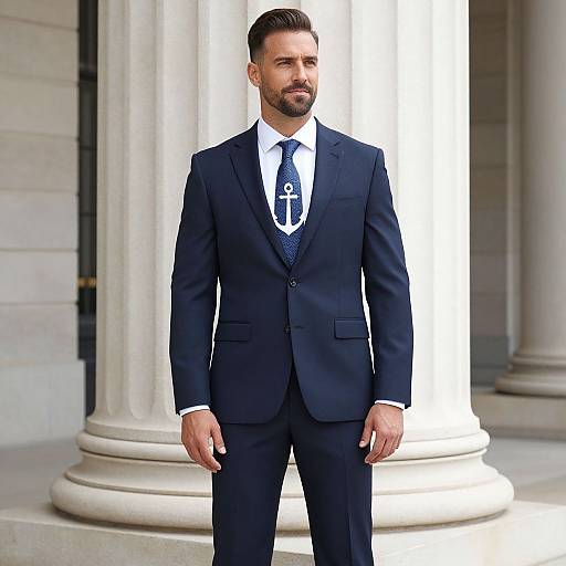 Photograph of a handsome, bearded man in a dark navy suit, white shirt, and patterned tie, standing in front of white columns.
