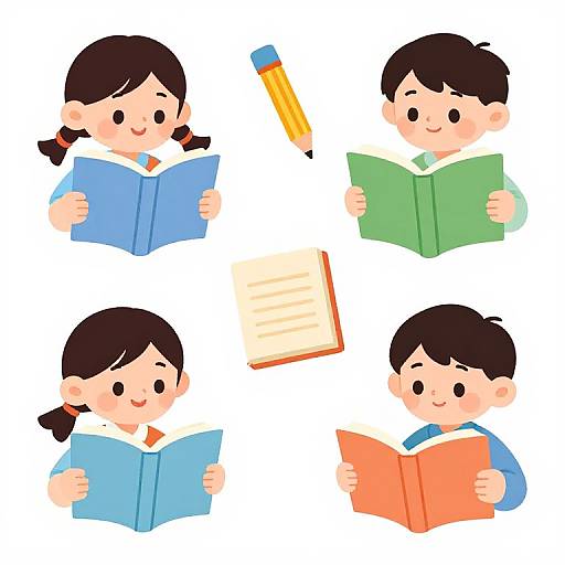 Cartoon illustration of four children with black hair, reading books (blue, green, orange) and a pencil, on a white background.