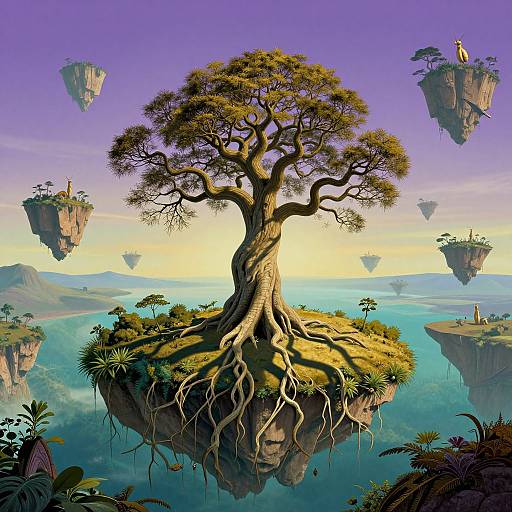 Fantasy illustration of a towering, twisted tree with exposed roots on a floating island, surrounded by smaller floating islands and a vibrant, purple-yellow sky.