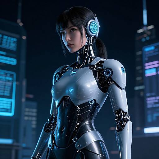 CGI image of a futuristic, cybernetic woman with glowing blue headphones, white and black metallic armor, in a neon-lit cityscape.