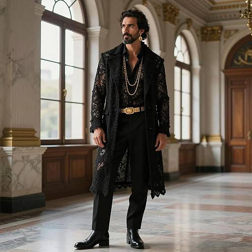 Stylish man in black lace coat in marble hallway